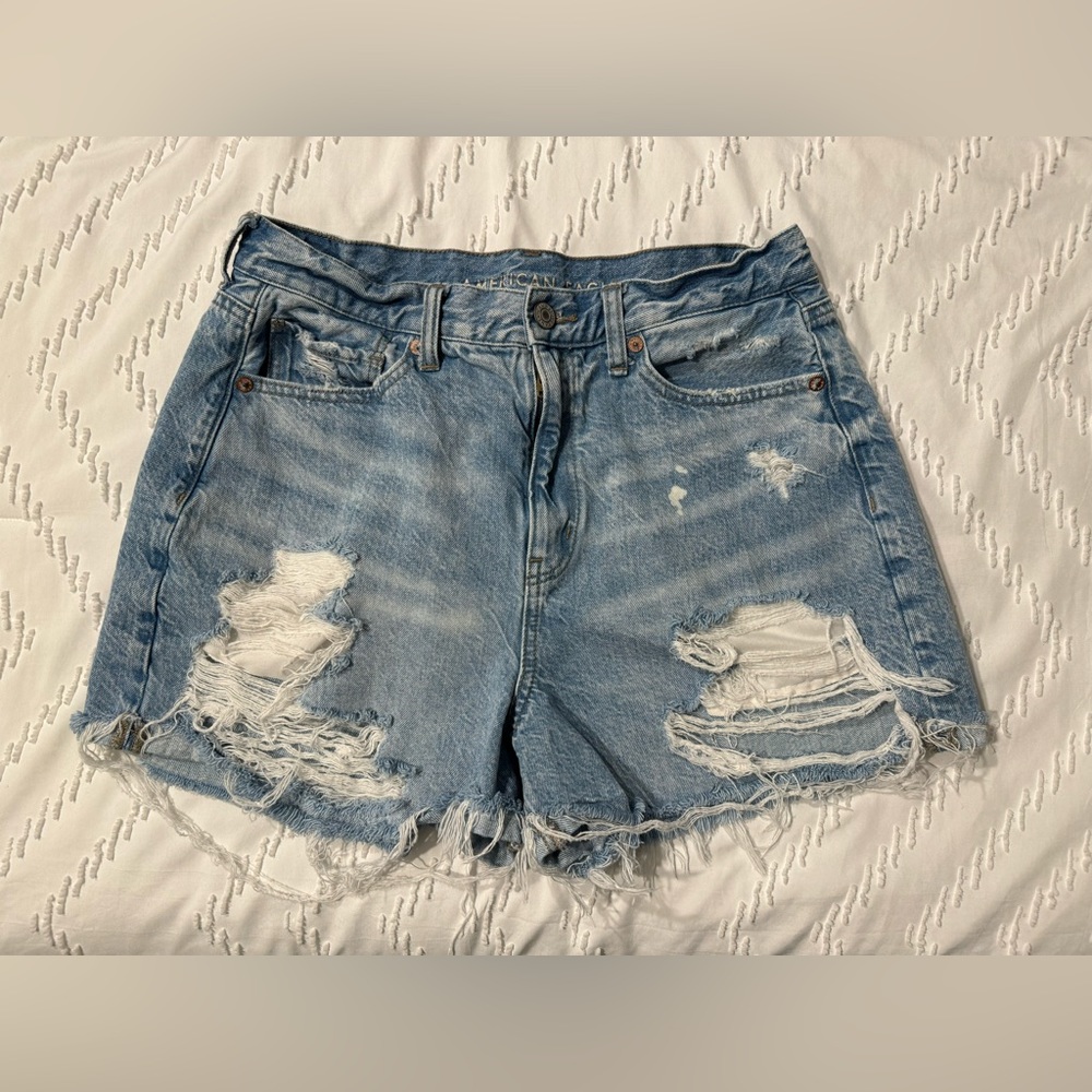 American Eagle Ripped High Waisted Denim Mom Shorts
